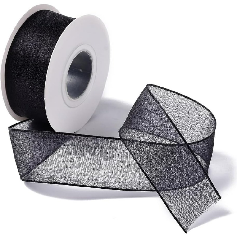 Organza Ribbon Spool - 1Inch Black Organza Ribbon Wired Sheer