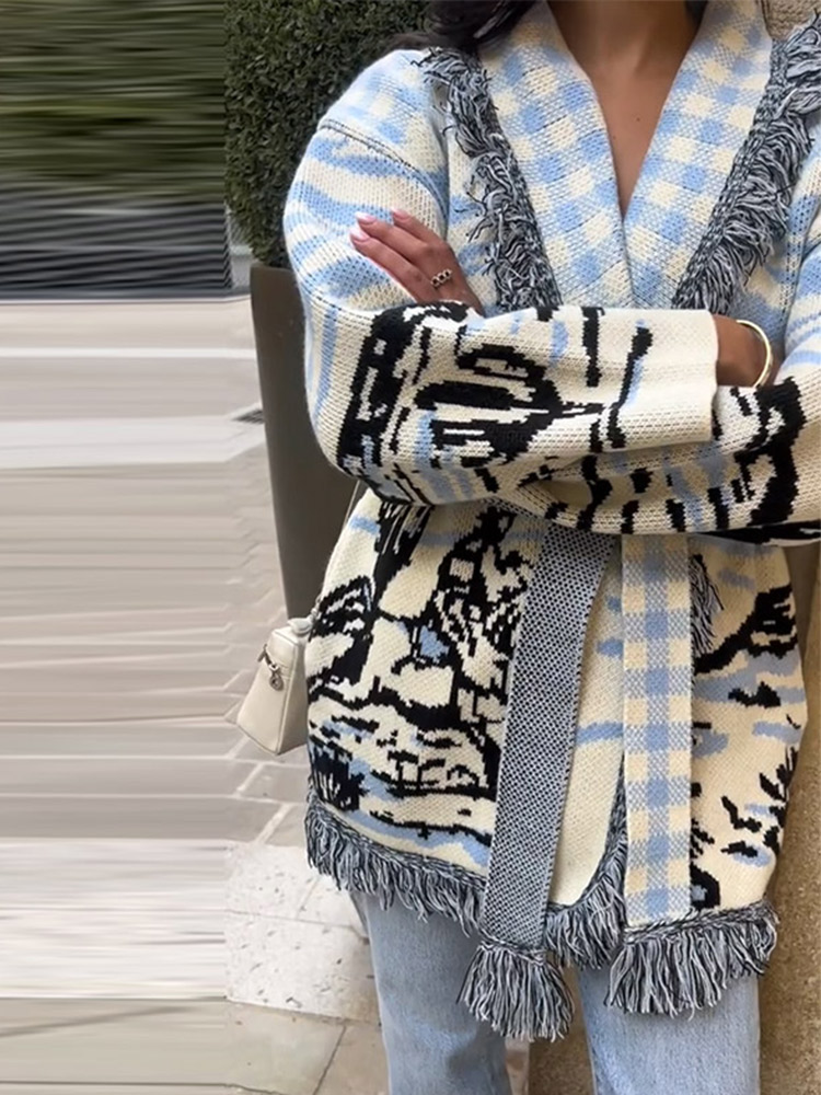 2026 Autumn Winter Print Knit  - đánh giá và giá Tassel Fringe Trim