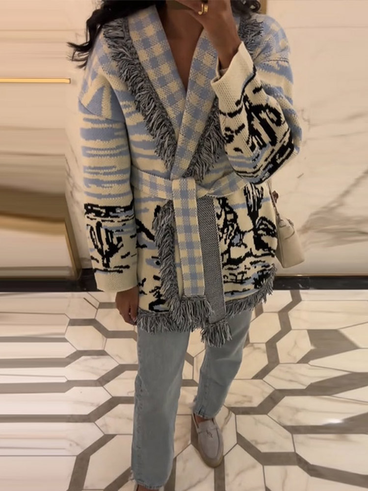 2026 Autumn Winter Print Knit  - đánh giá và giá Tassel Fringe Trim